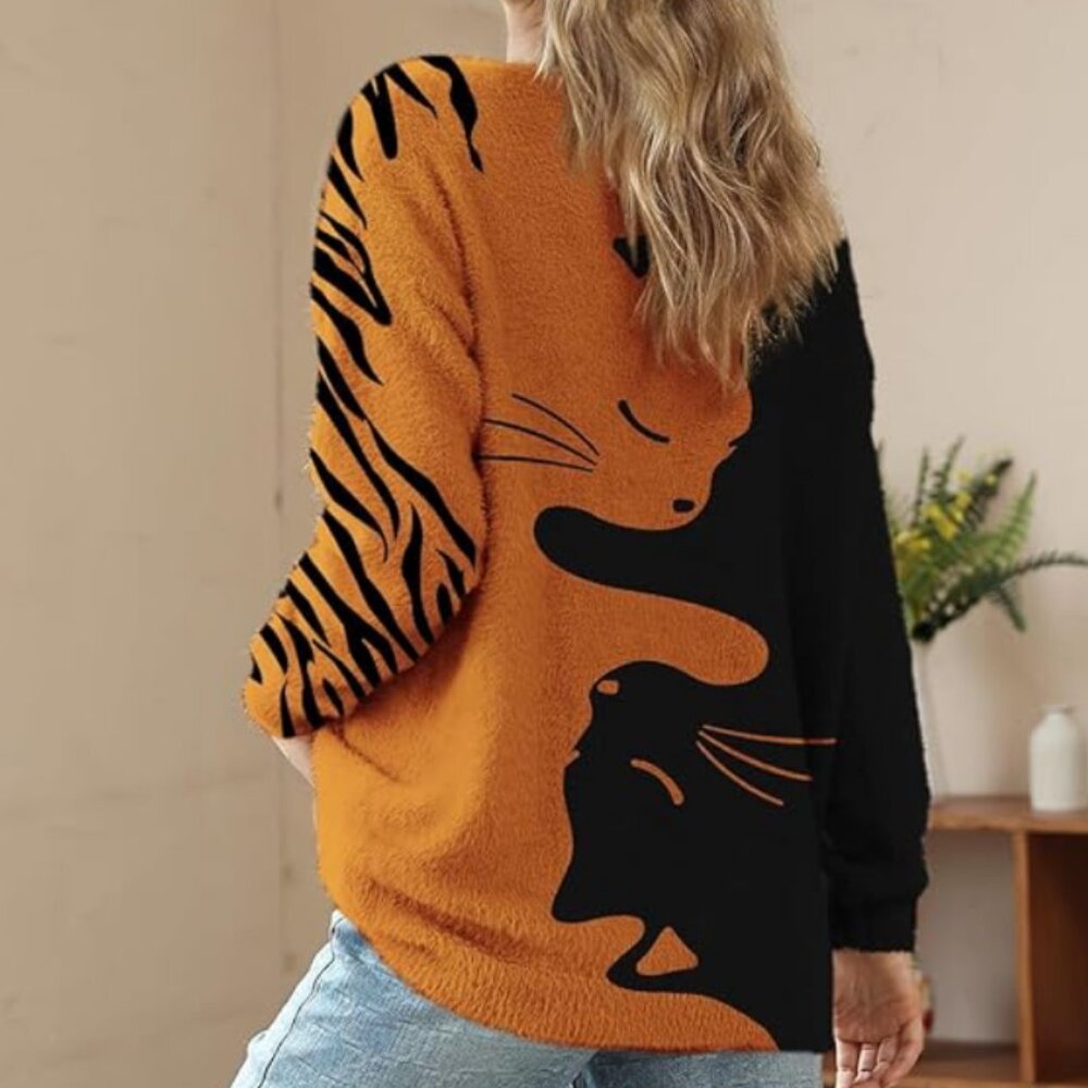 Women's Tiger Print Sweater - Orange and Black